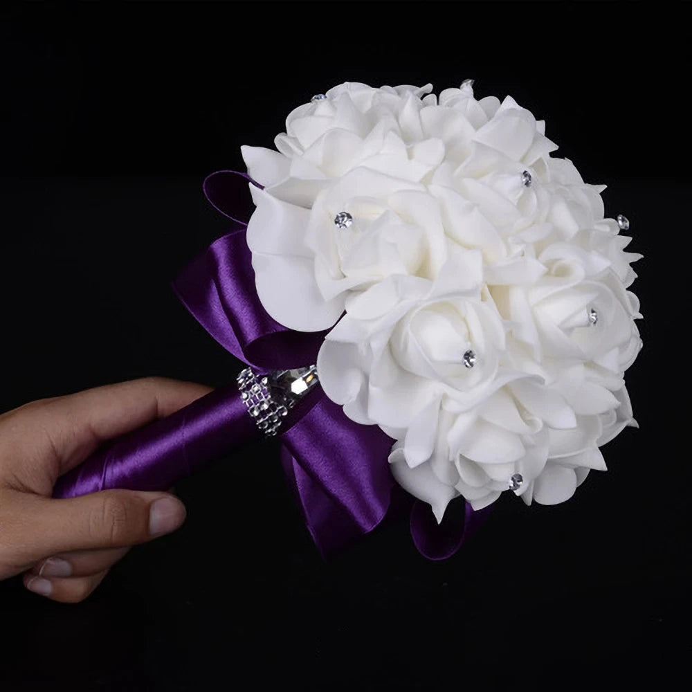 Braut Brautjungfer Bouquet Künstliche Halten Blumen Strass Bänder Hochzeit Party Kirche Hause Weihnachten Tisch Schlafzimmer Dekor