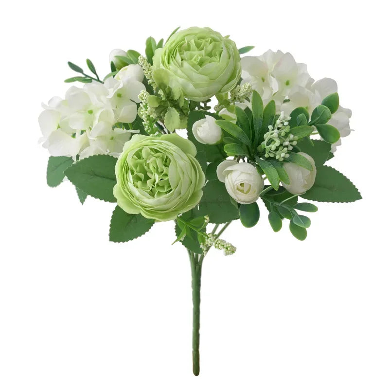 Blaue Seidensträuße Künstliche Waldhortensien Pfingstrosenknospen Hochzeit Braut Handstrauß Hausgarten Desktop Blumenarrangement Dekor