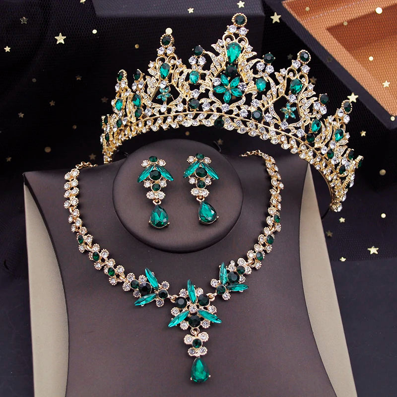 Rote Brautschmuck-Sets für Frauen, Diademe, Krone, Halskette, Ohrringe, Set für Hochzeitskleid, Braut, Kostümzubehör