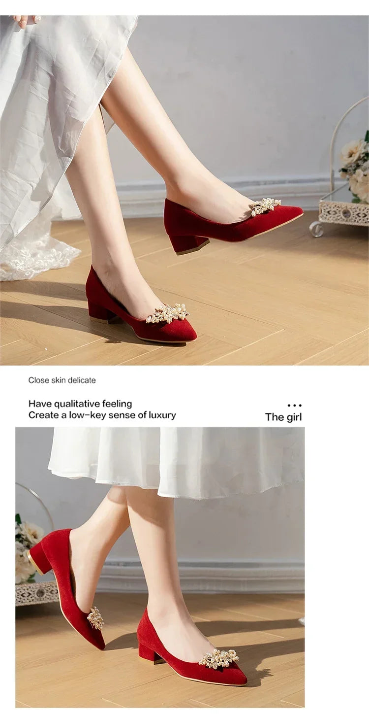 2024 neue Frühling Sommer Herbst Hochzeit Schuhe frauen Dicken Absätzen Braut Rot Wildleder Hochzeit Barfuß Schuhe