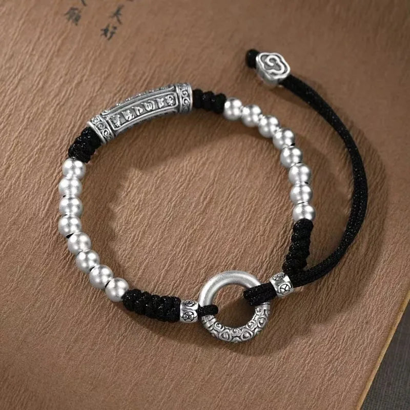 Handgewebte verstellbare Vintage-Armbänder mit Mantra mit sechs Zeichen, Sicherheitsschnalle, rotes Seil, Perlenseilkette für Männer und Frauen