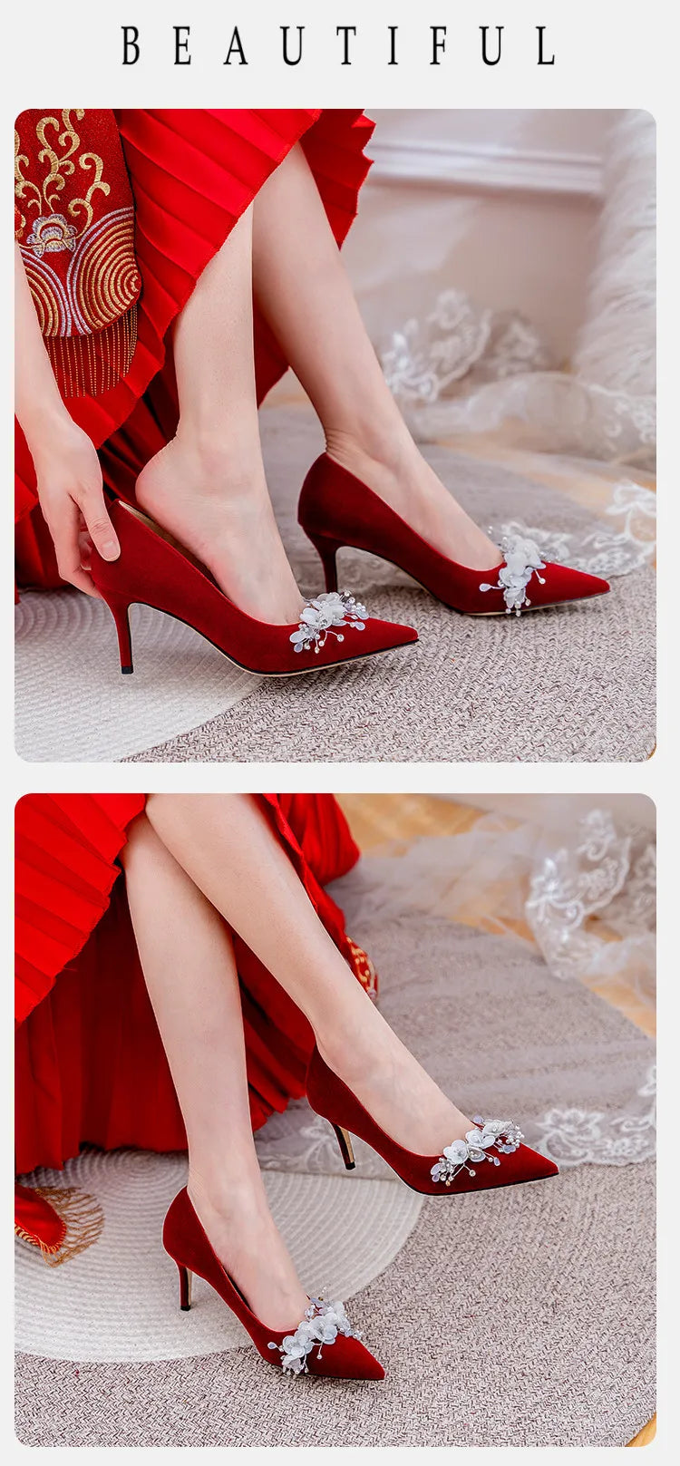 Hochzeitsschuhe Damen 2024 Haupthochzeitskleid Weiß High Heels Burgund Xiuhe Brautschuhe Mittelhoher Absatz Übergröße Einzelschuhe