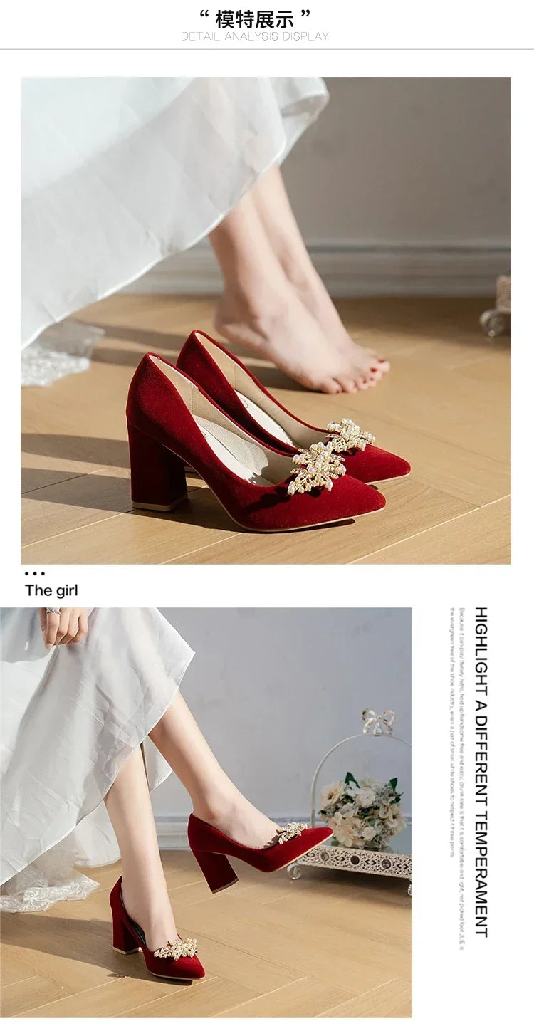 2024 neue Frühling Sommer Herbst Hochzeit Schuhe frauen Dicken Absätzen Braut Rot Wildleder Hochzeit Barfuß Schuhe
