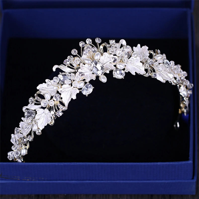Trendy Strass Perle Kristall Krone Stirnband Blume Braut Haarschmuck Gold Krone Braut Hochzeit Krone Haarschmuck