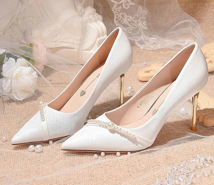 Damen Sommerschuhe Braut Pumps Schuhe für Frau 2024 Hochzeitsschuh auf Absatz Spitzschuh Perle Stilito High Heels Beliebte 39