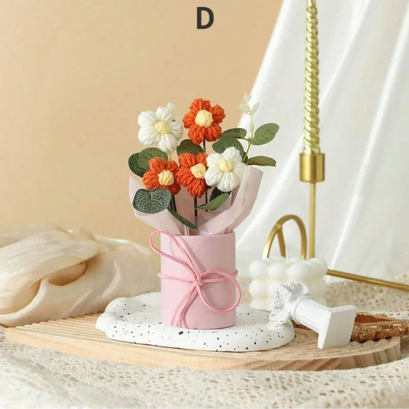 Exquisiter handgefertigter gehäkelter Blumenstrauß aus reinen und rosa Gänseblümchen, Zopf, Muttertag, Valentinstag, Geburtstag, Hochzeit, Heimdekoration