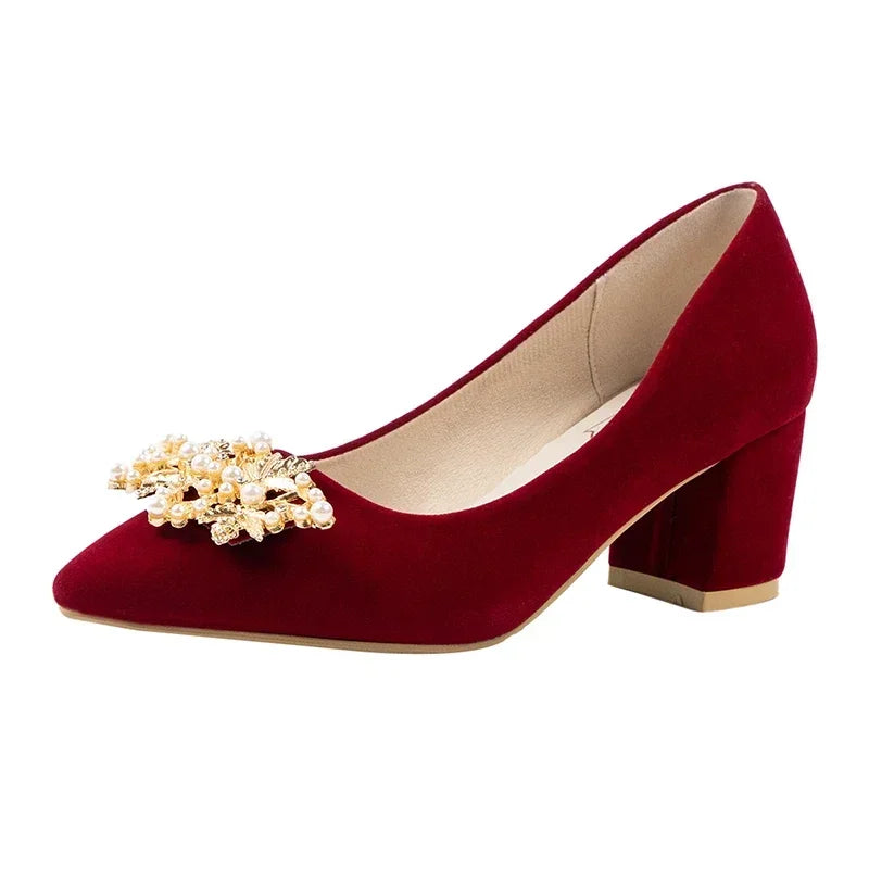 2024 neue Frühling Sommer Herbst Hochzeit Schuhe frauen Dicken Absätzen Braut Rot Wildleder Hochzeit Barfuß Schuhe