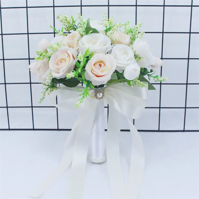 Brautstrauß, künstliche Blumen, Hochzeit, Blumen halten, weiße künstliche natürliche Rose für Brautjungfer, Braut, Hochzeitsdekorationen