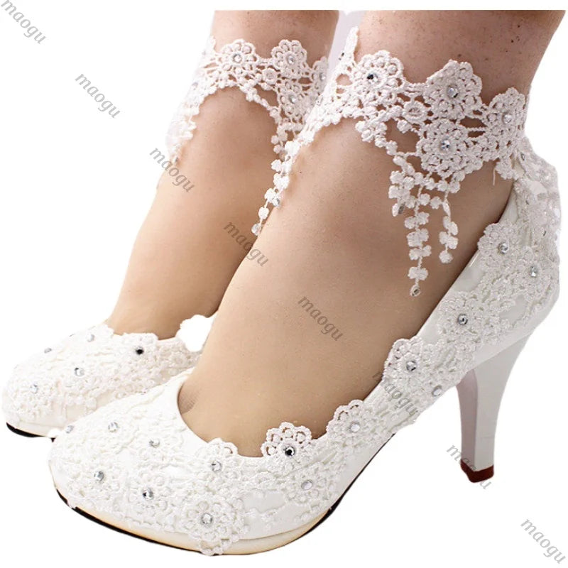 Neu Schuhe Frau Braut Elegante Weiße Spitze Perle Design High Heels frauen High Heels Braut Hochzeit Schuhe Damen