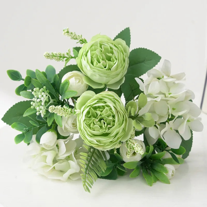 Blaue Seidensträuße Künstliche Waldhortensien Pfingstrosenknospen Hochzeit Braut Handstrauß Hausgarten Desktop Blumenarrangement Dekor