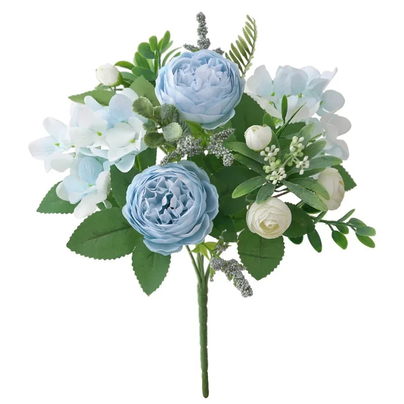 Blaue Seidensträuße Künstliche Waldhortensien Pfingstrosenknospen Hochzeit Braut Handstrauß Hausgarten Desktop Blumenarrangement Dekor