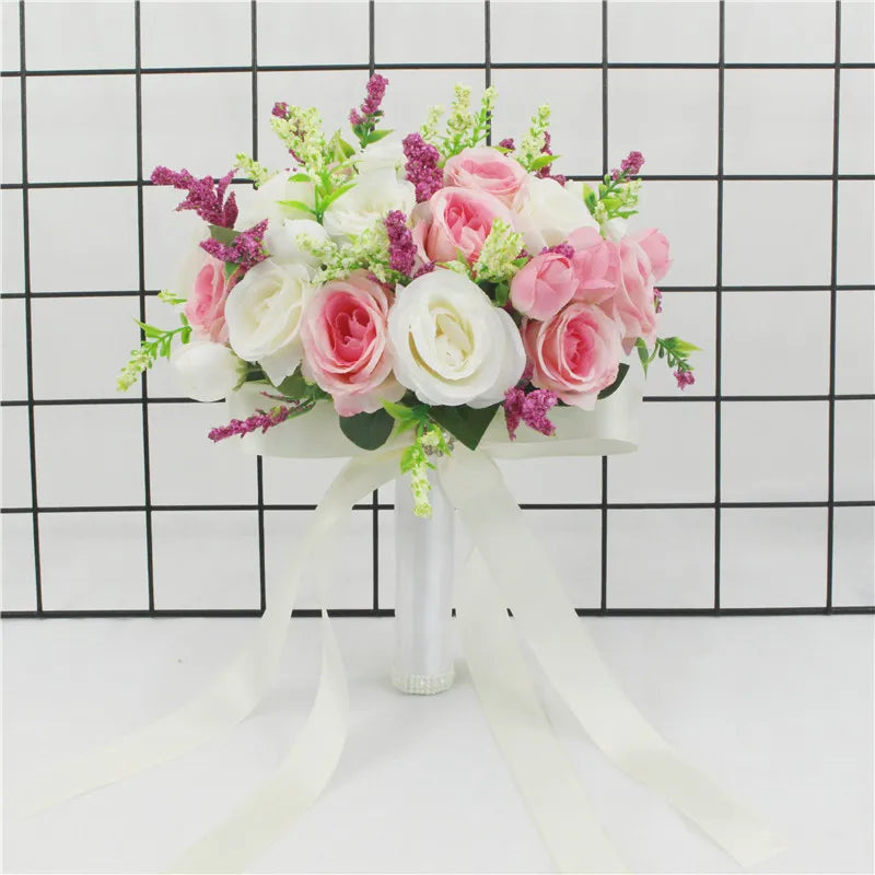 Brautstrauß, künstliche Blumen, Hochzeit, Blumen halten, weiße künstliche natürliche Rose für Brautjungfer, Braut, Hochzeitsdekorationen