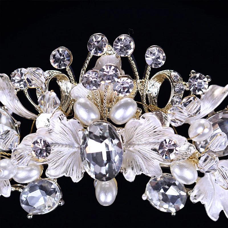 Trendy Strass Perle Kristall Krone Stirnband Blume Braut Haarschmuck Gold Krone Braut Hochzeit Krone Haarschmuck