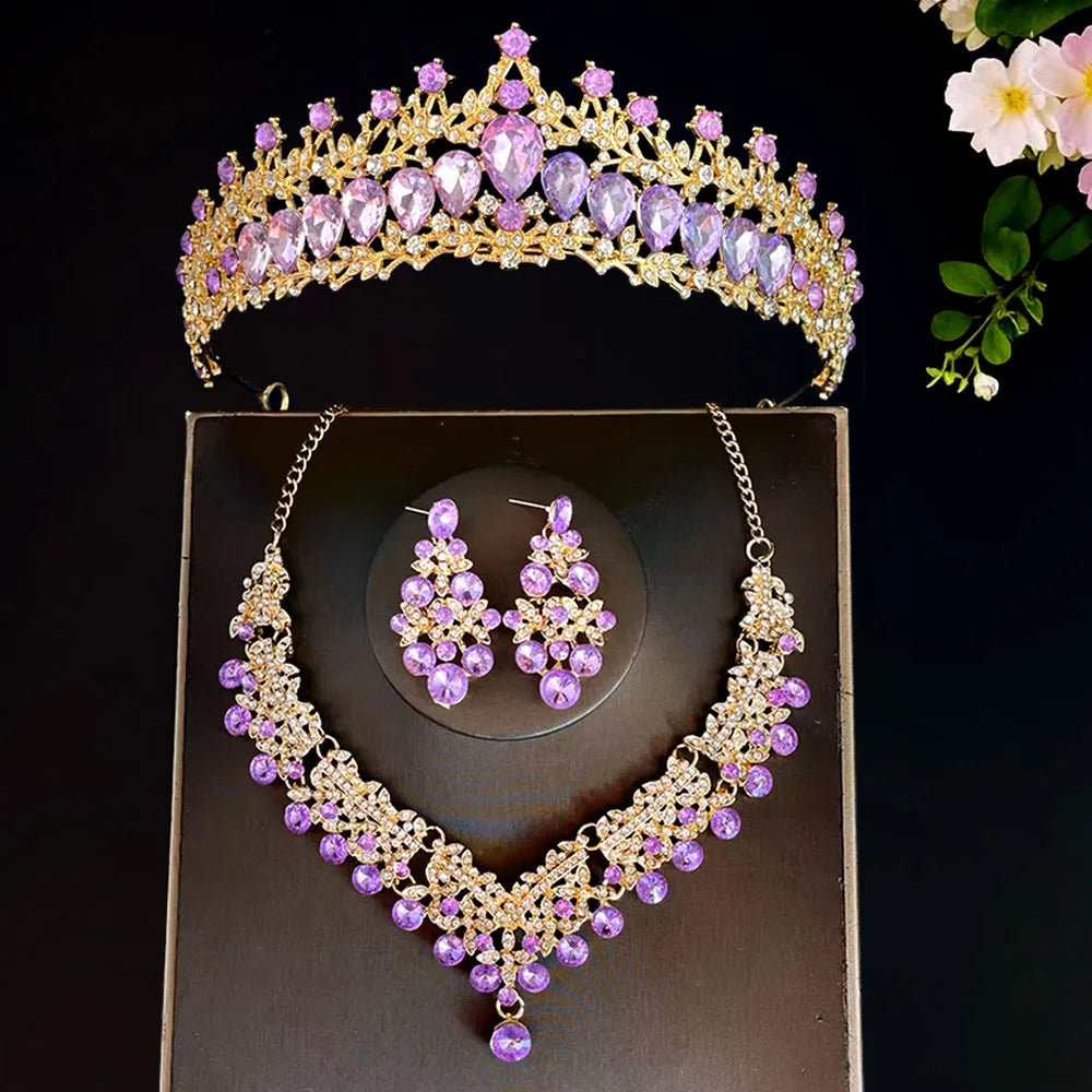 Brautkopfbedeckung, Krone, dreiteiliges Set, Hochzeitskette, Ohrringe, Kristallset, europäische und amerikanische Hochzeitsaccessoires