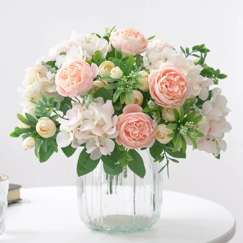 Blaue Seidensträuße Künstliche Waldhortensien Pfingstrosenknospen Hochzeit Braut Handstrauß Hausgarten Desktop Blumenarrangement Dekor