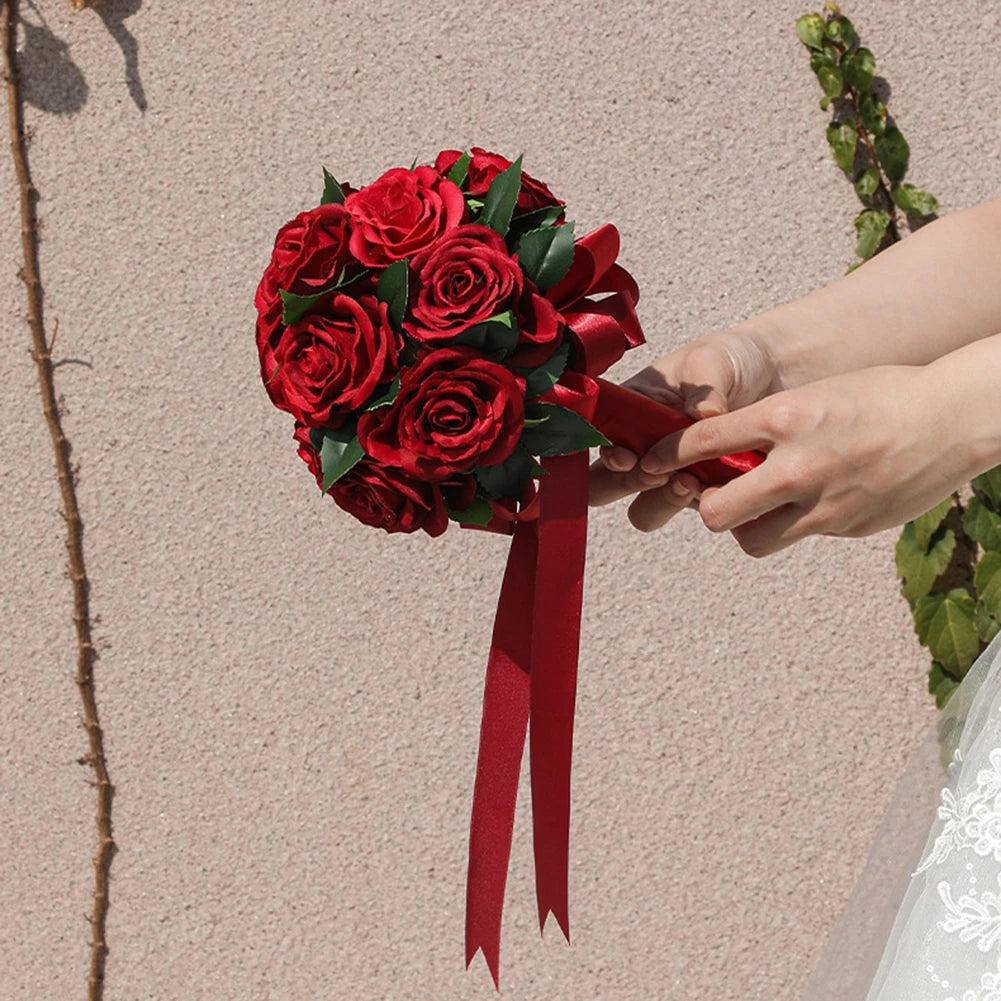 Rote Rose Brautstrauß Hochzeitsstrauß Rose mit Blumen Künstlicher Handstrauß für Hochzeitstermine Urlaubsgeschenke