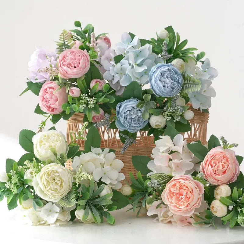 Blaue Seidensträuße Künstliche Waldhortensien Pfingstrosenknospen Hochzeit Braut Handstrauß Hausgarten Desktop Blumenarrangement Dekor