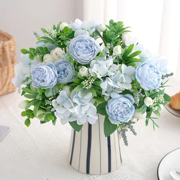 Blaue Seidensträuße Künstliche Waldhortensien Pfingstrosenknospen Hochzeit Braut Handstrauß Hausgarten Desktop Blumenarrangement Dekor