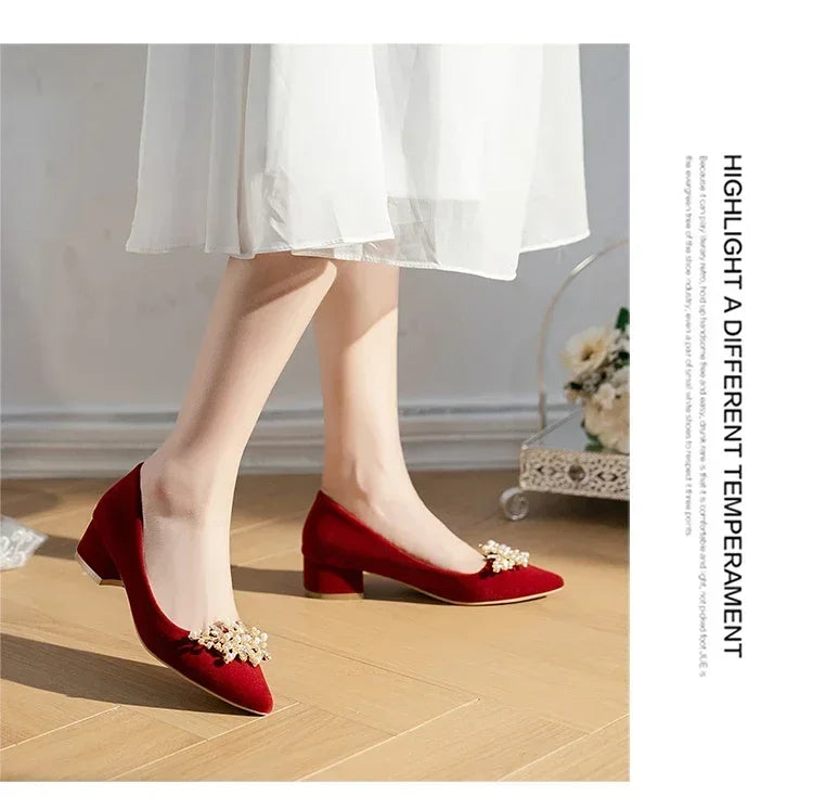 2024 neue Frühling Sommer Herbst Hochzeit Schuhe frauen Dicken Absätzen Braut Rot Wildleder Hochzeit Barfuß Schuhe