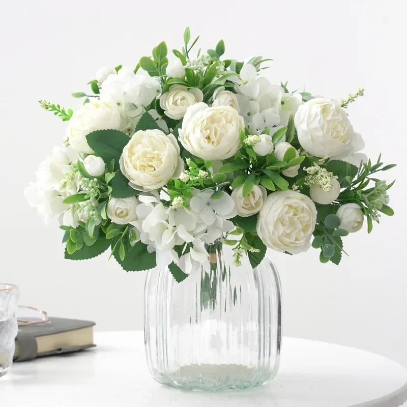 Blaue Seidensträuße Künstliche Waldhortensien Pfingstrosenknospen Hochzeit Braut Handstrauß Hausgarten Desktop Blumenarrangement Dekor