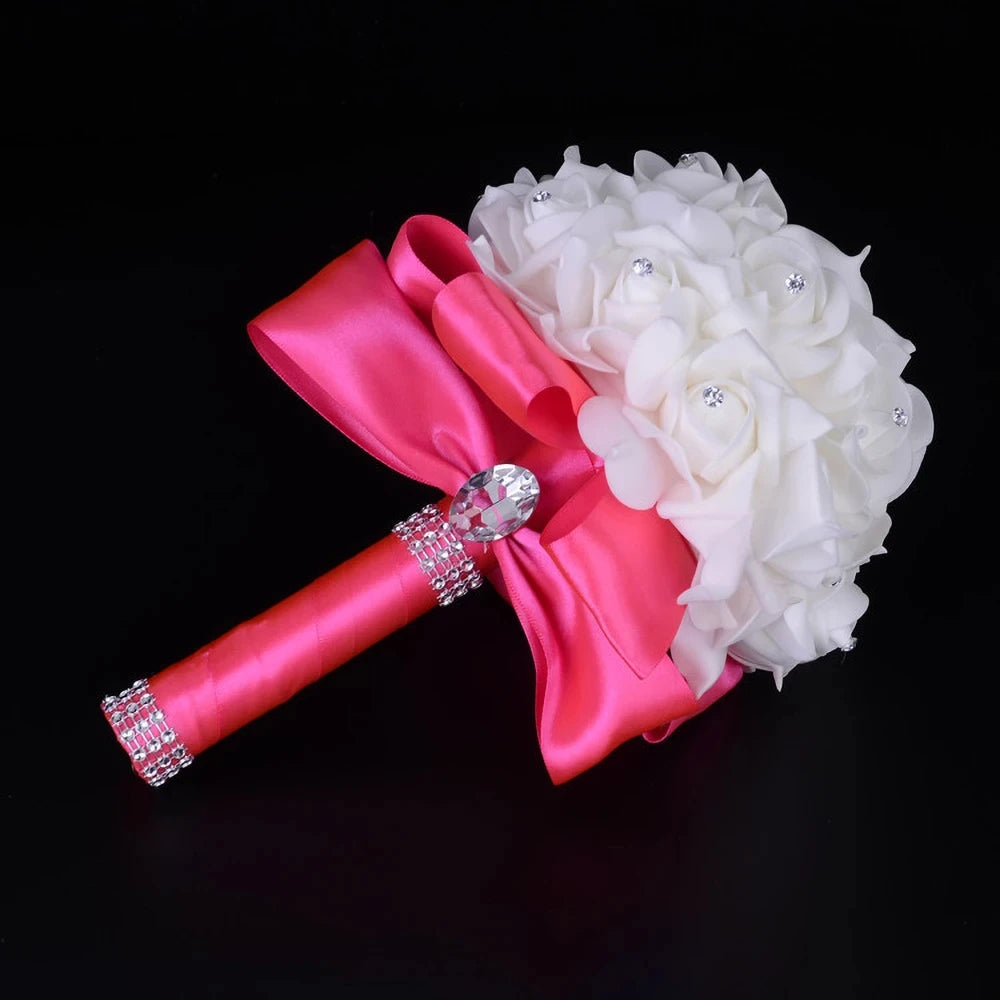 Braut Brautjungfer Bouquet Künstliche Halten Blumen Strass Bänder Hochzeit Party Kirche Hause Weihnachten Tisch Schlafzimmer Dekor