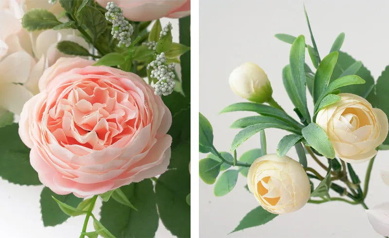 Blaue Seidensträuße Künstliche Waldhortensien Pfingstrosenknospen Hochzeit Braut Handstrauß Hausgarten Desktop Blumenarrangement Dekor