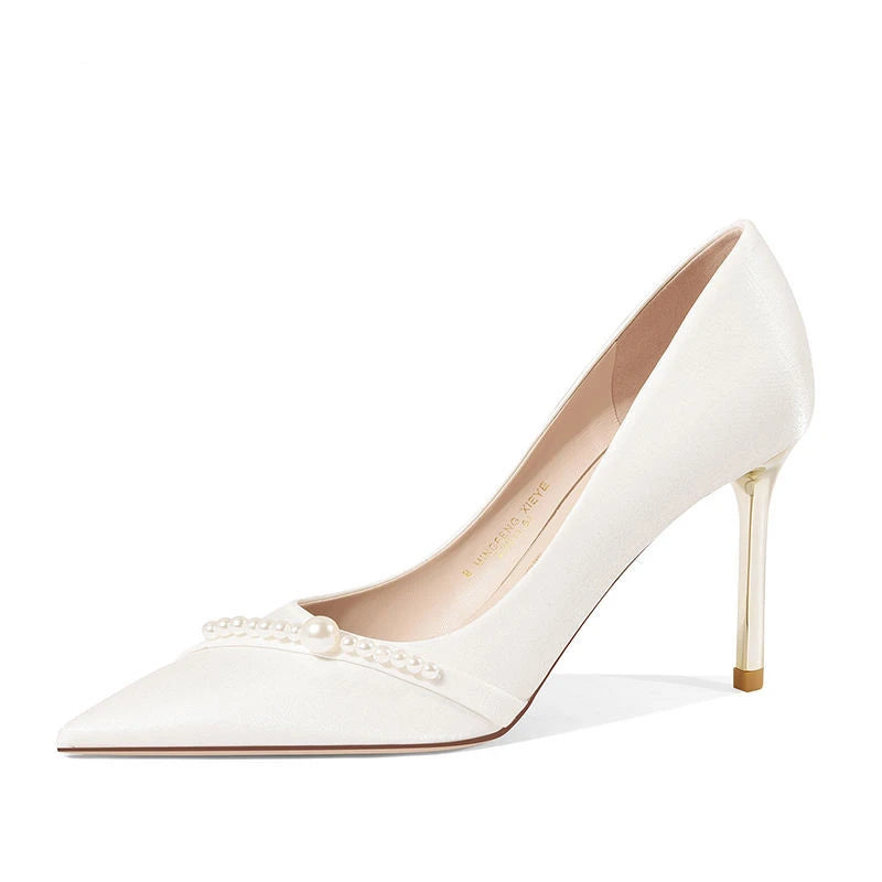 Damen Sommerschuhe Braut Pumps Schuhe für Frau 2024 Hochzeitsschuh auf Absatz Spitzschuh Perle Stilito High Heels Beliebte 39