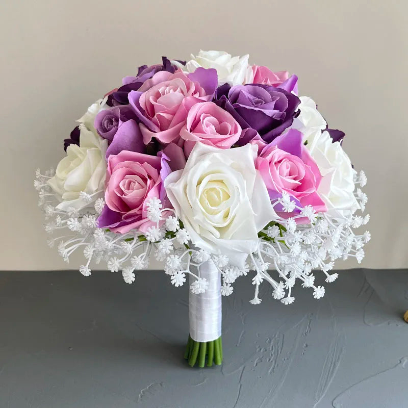 Brautstrauß Hochzeitsblumen Brautjungfern Seidenrosen Gefälschte Babys Atem Braut Hochzeitsaccessoires Tischdekoration