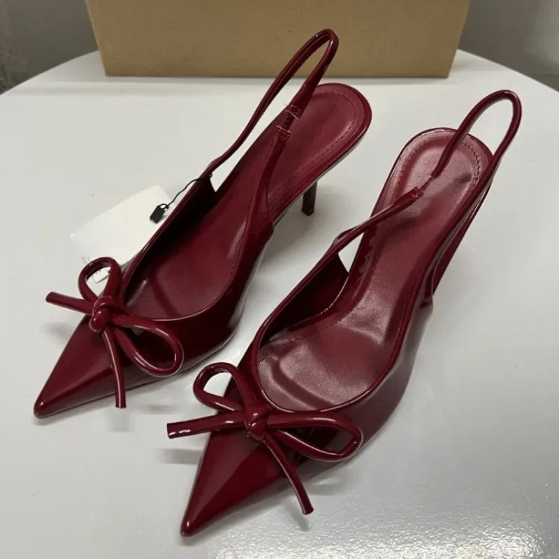 2025 herbst High Heels Frauen Hochzeiten Braut Schuhe Bogen Dekoration Mode Flach Spitz Elegante Slingbacks Damen Pumps