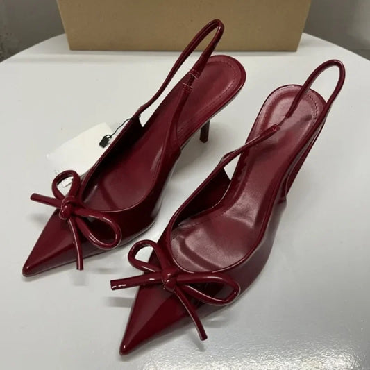 2025 herbst High Heels Frauen Hochzeiten Braut Schuhe Bogen Dekoration Mode Flach Spitz Elegante Slingbacks Damen Pumps