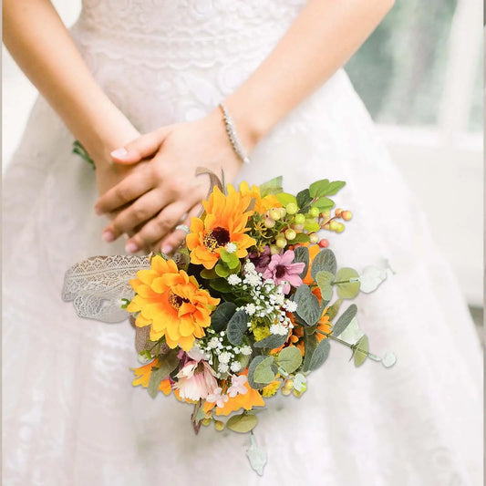 Hochzeitsstrauß, Brautstrauß mit Schleife, Sonnenblumen-Hochzeitssträuße als Einweihungsgeschenk, Tafelaufsätze