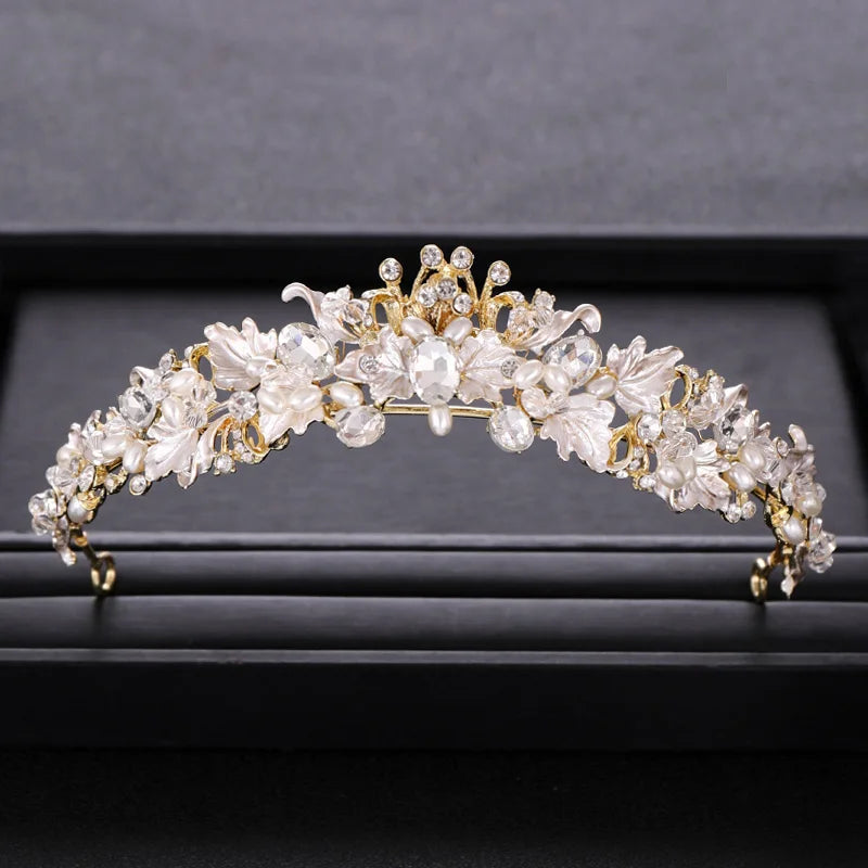 Trendy Strass Perle Kristall Krone Stirnband Blume Braut Haarschmuck Gold Krone Braut Hochzeit Krone Haarschmuck