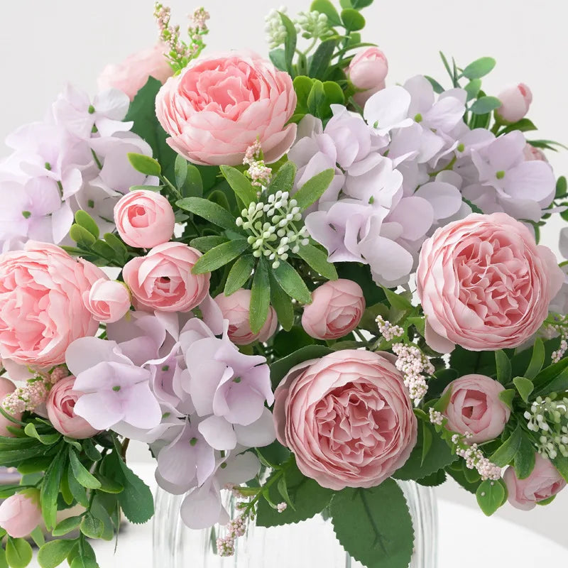 Blaue Seidensträuße Künstliche Waldhortensien Pfingstrosenknospen Hochzeit Braut Handstrauß Hausgarten Desktop Blumenarrangement Dekor
