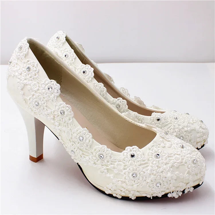 Neu Schuhe Frau Braut Elegante Weiße Spitze Perle Design High Heels frauen High Heels Braut Hochzeit Schuhe Damen