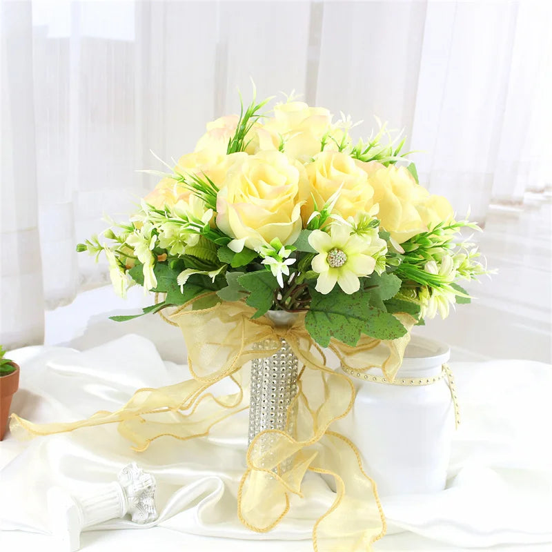 Brautstrauß, künstliche Blumen, Hochzeit, Blumen halten, weiße künstliche natürliche Rose für Brautjungfer, Braut, Hochzeitsdekorationen