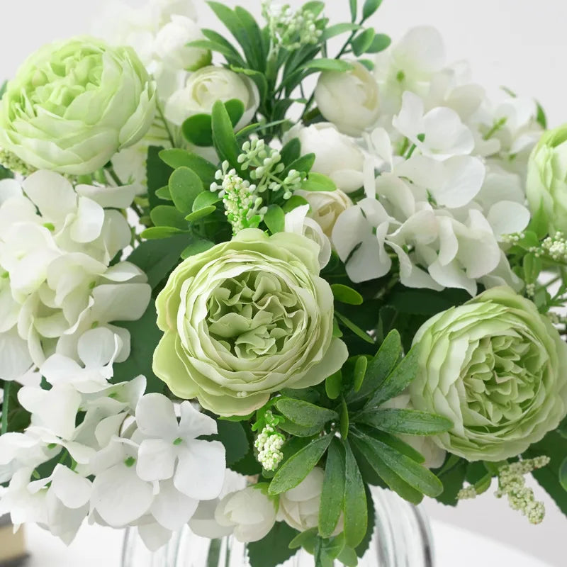Blaue Seidensträuße Künstliche Waldhortensien Pfingstrosenknospen Hochzeit Braut Handstrauß Hausgarten Desktop Blumenarrangement Dekor