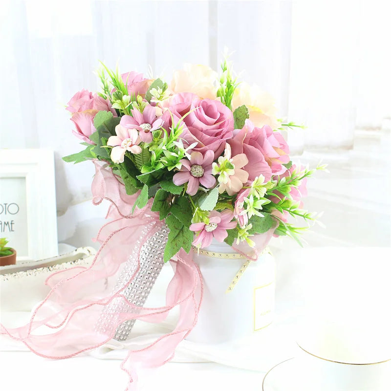 Brautstrauß, künstliche Blumen, Hochzeit, Blumen halten, weiße künstliche natürliche Rose für Brautjungfer, Braut, Hochzeitsdekorationen