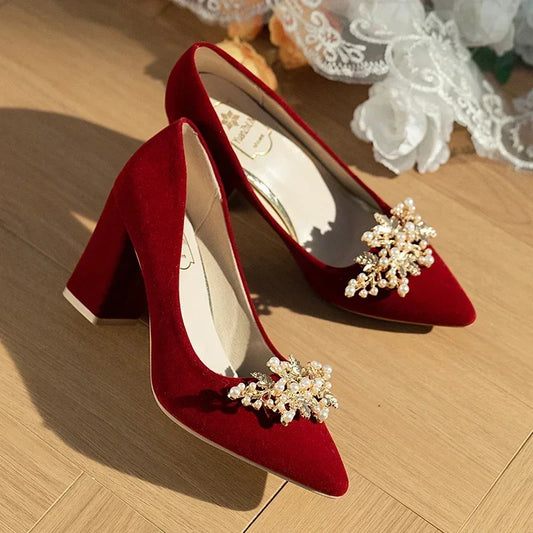 2024 neue Frühling Sommer Herbst Hochzeit Schuhe frauen Dicken Absätzen Braut Rot Wildleder Hochzeit Barfuß Schuhe