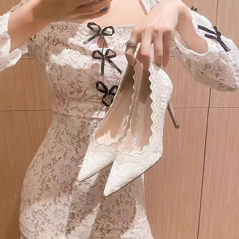 Weiße Hochzeitsschuhe Brautschuhe Design Sense Nischenspitze Spitz Stilettoabsatz Flach Französisch High Heels Weibliches Temperament