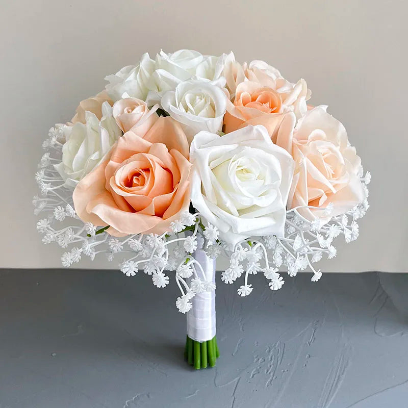 Brautstrauß Hochzeitsblumen Brautjungfern Seidenrosen Gefälschte Babys Atem Braut Hochzeitsaccessoires Tischdekoration