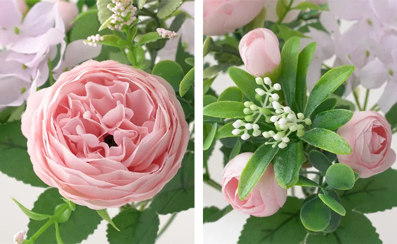 Blaue Seidensträuße Künstliche Waldhortensien Pfingstrosenknospen Hochzeit Braut Handstrauß Hausgarten Desktop Blumenarrangement Dekor