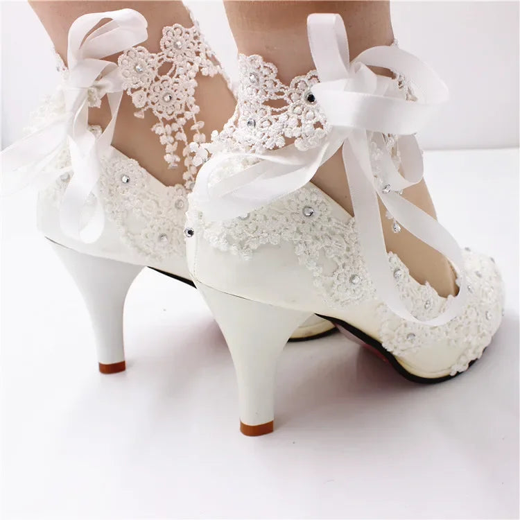 Neu Schuhe Frau Braut Elegante Weiße Spitze Perle Design High Heels frauen High Heels Braut Hochzeit Schuhe Damen