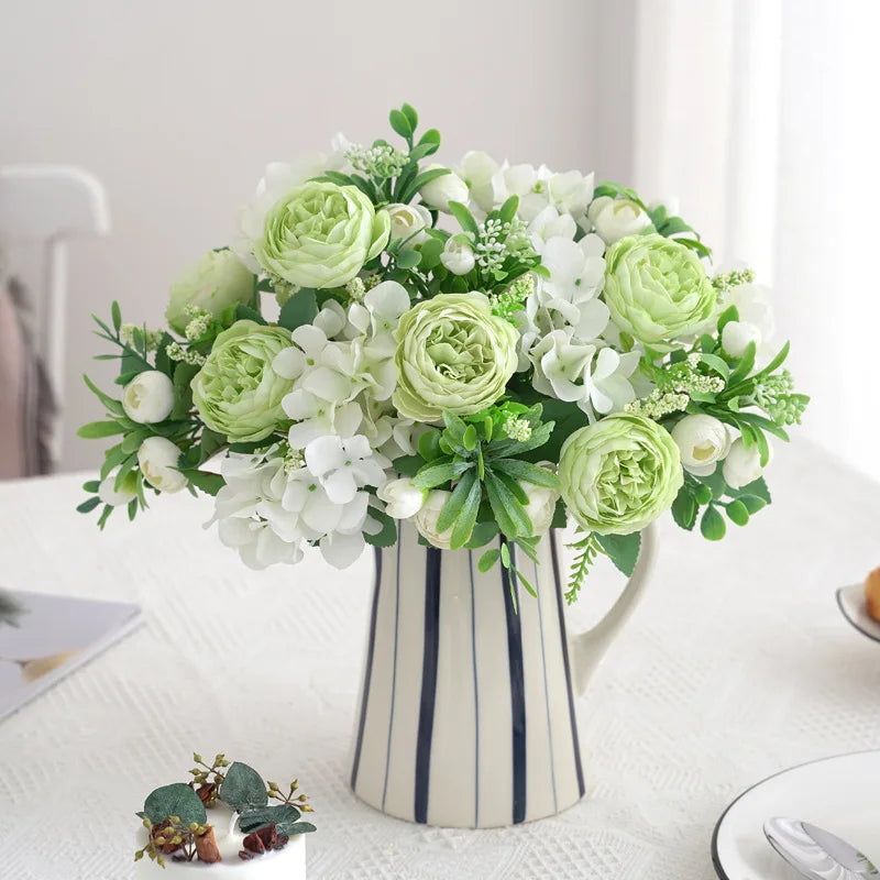 Blaue Seidensträuße Künstliche Waldhortensien Pfingstrosenknospen Hochzeit Braut Handstrauß Hausgarten Desktop Blumenarrangement Dekor