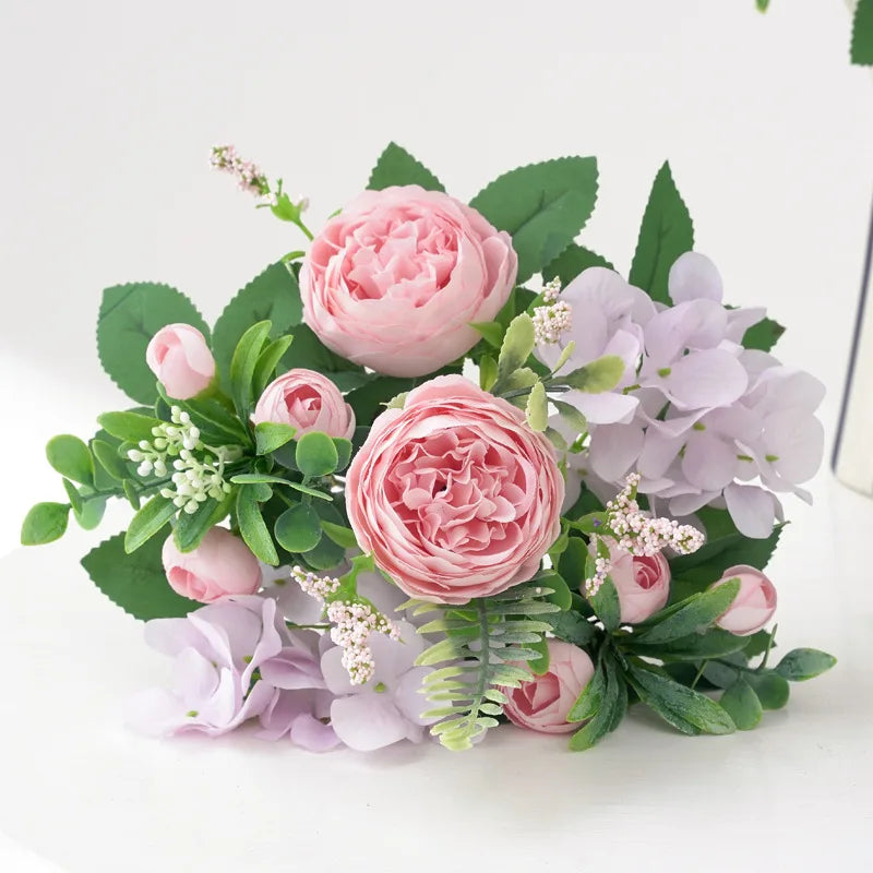 Blaue Seidensträuße Künstliche Waldhortensien Pfingstrosenknospen Hochzeit Braut Handstrauß Hausgarten Desktop Blumenarrangement Dekor