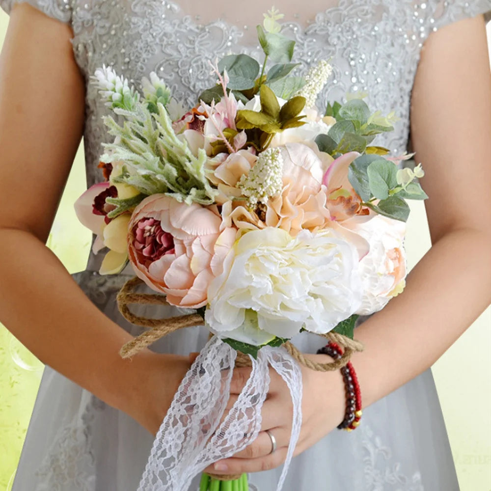 Künstlicher Pfingstrosen-Rosen-Blumenstrauß für die Braut, Brautjungfer, handgefertigter Hochzeitsstrauß, Seiden-Brautstrauß mit Blumen, heiß!