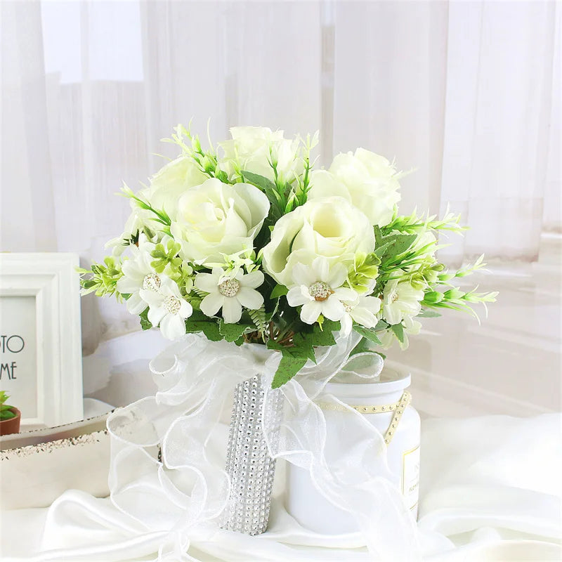 Brautstrauß, künstliche Blumen, Hochzeit, Blumen halten, weiße künstliche natürliche Rose für Brautjungfer, Braut, Hochzeitsdekorationen