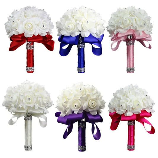 Braut Brautjungfer Bouquet Künstliche Halten Blumen Strass Bänder Hochzeit Party Kirche Hause Weihnachten Tisch Schlafzimmer Dekor