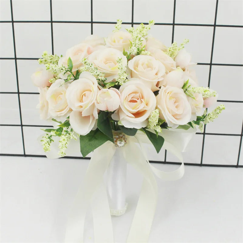 Braut Brautjungfer Hochzeitsstrauß Weiße Seidenblumen Rosen Handgemachte Künstliche Braut Mariage Bouquet Hochzeitszubehör