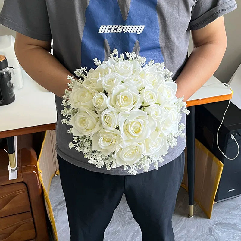 Brautstrauß Hochzeitsblumen Brautjungfern Seidenrosen Gefälschte Babys Atem Braut Hochzeitsaccessoires Tischdekoration