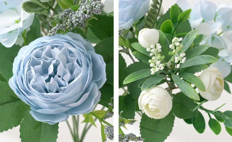 Blaue Seidensträuße Künstliche Waldhortensien Pfingstrosenknospen Hochzeit Braut Handstrauß Hausgarten Desktop Blumenarrangement Dekor